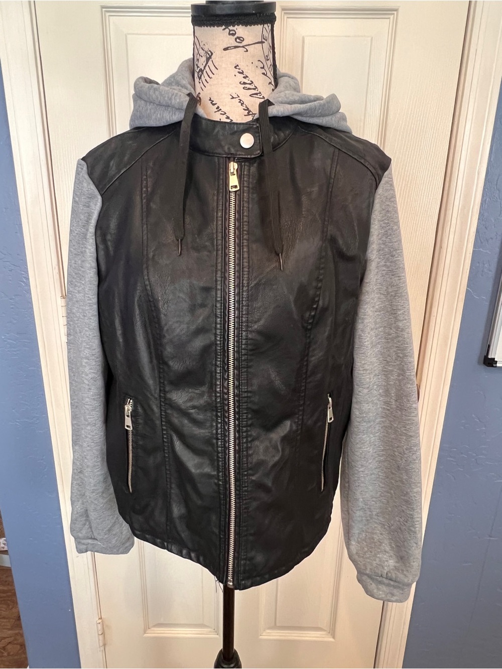 Baccini Black Faux Leather Jacket with Gray Hooded Sleeves